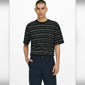 ​⭐ 2 FOR $20 ONLY &SONS 100% Cotton Striped Black Tan Crew Neck T-Shirt Mens S L